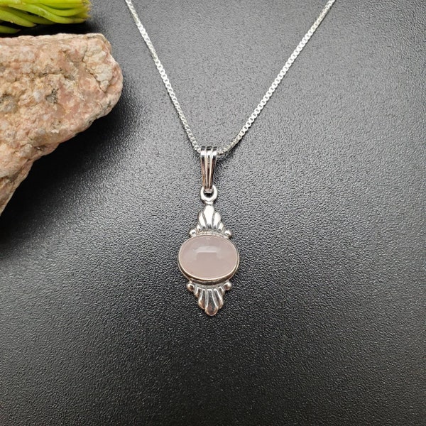 925ForHer Dainty Rose Quartz Necklace Pendant With Silver Box Chain Necklace | Sterling Silver Rose Quartz Southwest Pendant | Made in USA