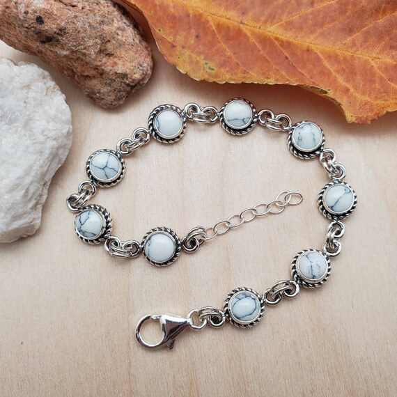 925ForHer White Buffalo Turquoise Bracelet | White Turquoise Bracelet | Sterling Silver Link Bracelet | White Turquoise Jewelry Made in USA