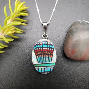 TT #13 Multicolor Inlay Necklace Pendant With Silver Box Chain | Sterling Silver Southwestern Inlay Pendant | Unique One of a Kind Pendant