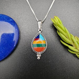 Lovely Teardrop Multicolor Inlay Necklace Pendant With Silver Chain Sterling Silver Multicolor Necklace | Multicolor Necklace | Made in USA