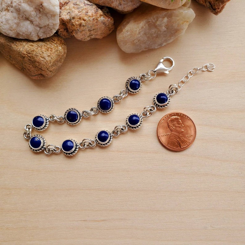 Blue Lapis Link Bracelet 7.25 With 1 Chain Extension 925ForHer Small Blue Lapis Bracelet Link Sterling Silver Bracelet Made in USA
