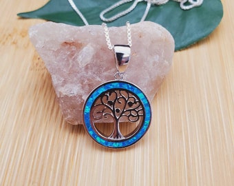 Dainty Blue Fire Blue Opal Necklace Pendant With Silver Box Chain Necklace 18 in | Sterling Silver Tree of Life Opal Inlay Necklace Pendant