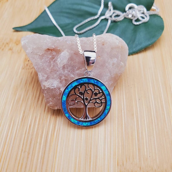 Dainty Blue Fire Blue Opal Necklace Pendant With Silver Box Chain Necklace  18 in Sterling Silver Tree of Life Opal Inlay Necklace Pendant 