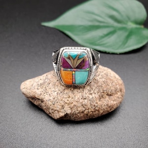 Inlay Ring #470 | Lovely Multicolor Inlay Southwest Ring | Sterling Silver Inlay Multicolor Ring | Dainty Pattern Inlay Ring | Colors Ring