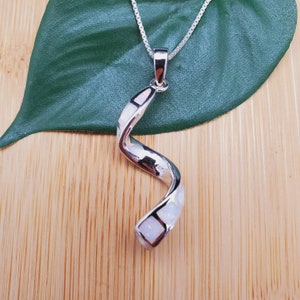 Dainty White Opal Inlay Swirl Necklace Pendant with Silver Chain | Sterling Silver Opal Inlay Pendant | Stunning White Opal Unique Pendant