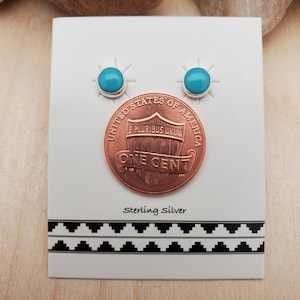 May include: A pair of sterling silver earrings with turquoise stones. The earrings are shown next to a US penny for size comparison. "Sterling Silver" is printed on the card.