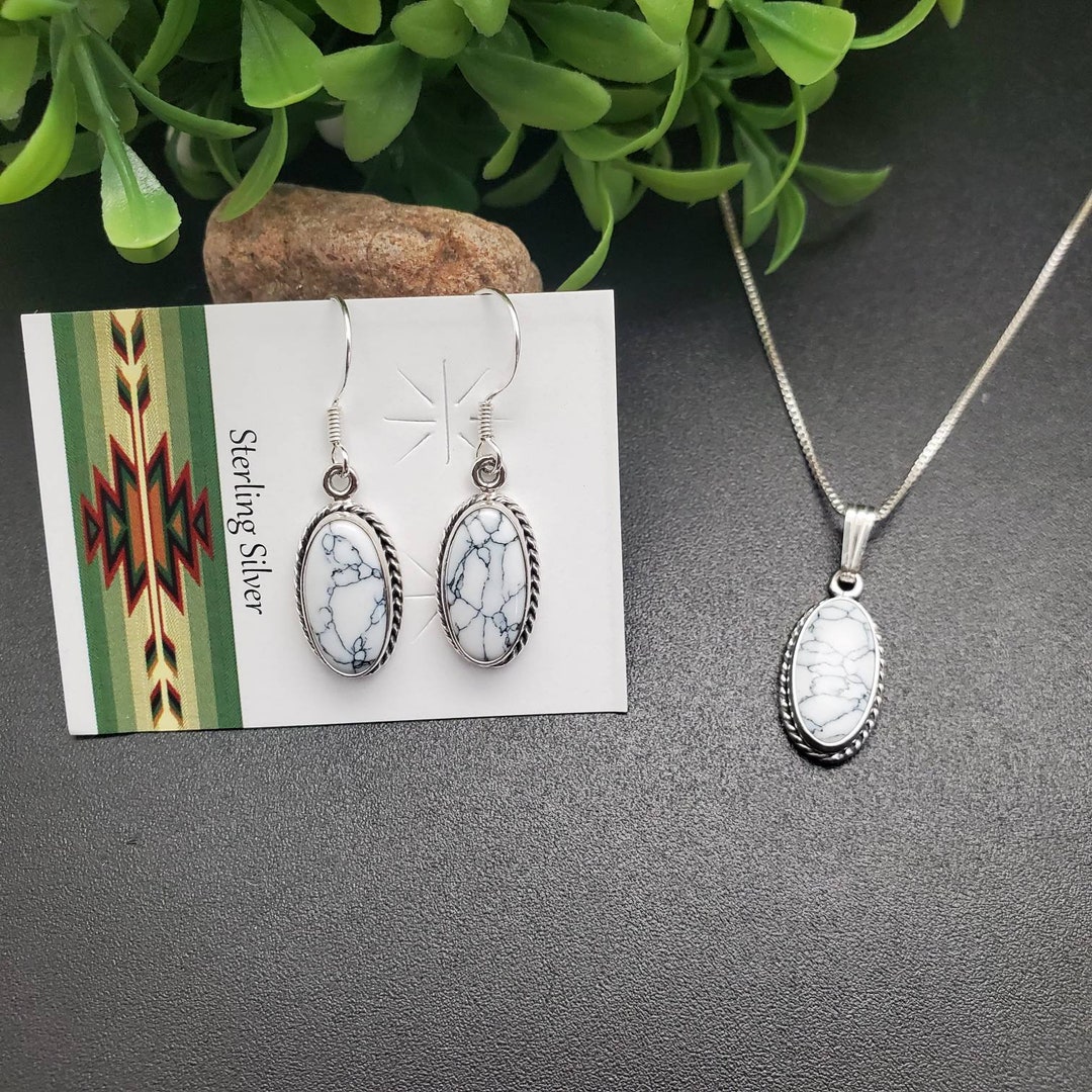 Dainty White Buffalo Stones Necklace Earrings Set | Sterling Silver ...