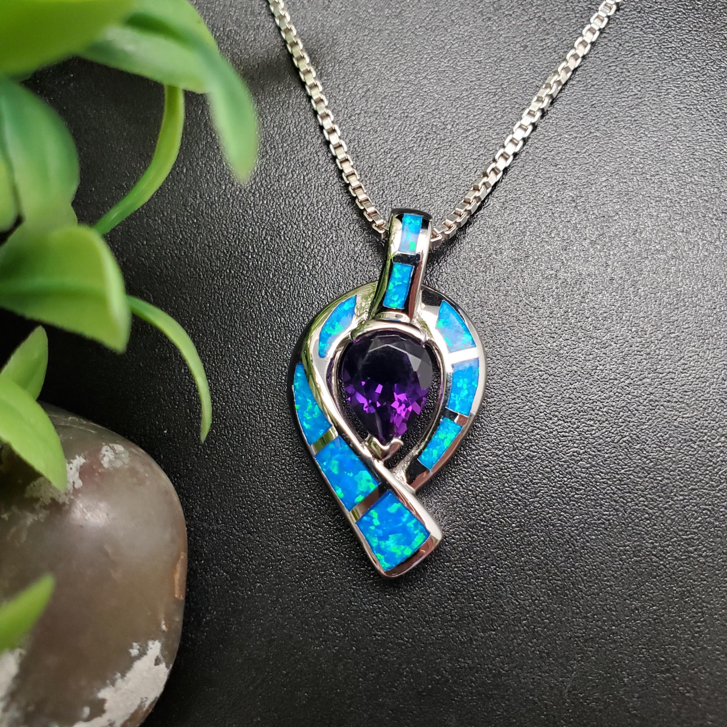 Okinawa Prefecture Opal Amethyst Necklace SFH #245 Inlay Fire Blue