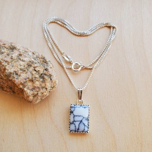 925ForHer Dainty White Turquoise Necklace Pendant With Silver Box Chain Necklace 18&quot; | White Buffalo Turquoise Necklace in Rectangle Shape