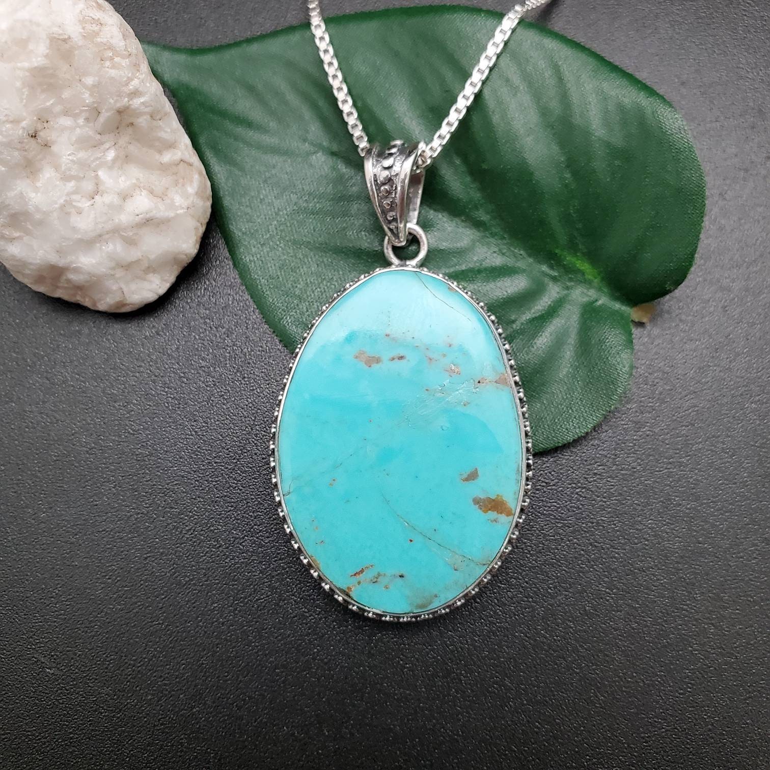 SC#10 Big Turquoise Necklace Pendant With Silver Chain | Sterling