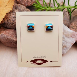 925ForHer 6mm Square Inlay Southwest Stud Earrings | Sterling Silver Posts | Multicolor Inlay Posts | Small Inlay Studs | Southwest Posts