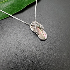 EMV #10 Dainty Abalone Inlay Flip Flop Necklace Pendant With Silver Chain Necklace | Sterling Abalone Shell Flip Flop Pendant | Gift For Her