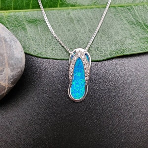 EMV #01 Dainty Blue Opal Inlay Flip Flop Necklace Pendant With Silver Chain Necklace | Sterling Blue Opal Flip Flop Pendant | Gift For Her