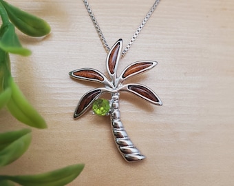 EMV #107 | Dainty Colorful Inlay Palm Tree Necklace Pendant With Silver Chain | Sterling Silver Colors Palm Tree Necklace | Lovely Palm Tree