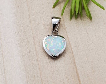 925ForHer Fire White Opal Necklace Pendant | White Opal Heart Pendant | Sterling Silver White Opal Inlay Pendant | Dainty Heart Pendant