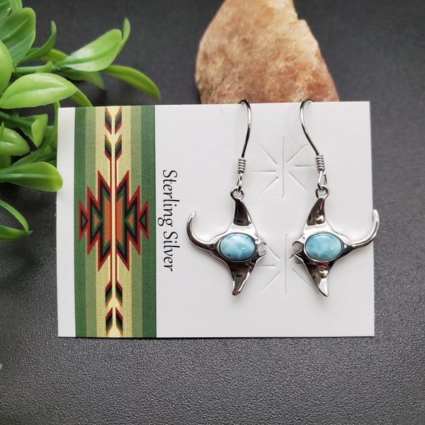 EMV #139 Larimar Stingray Dangle Earrings | Sterling Silver Blue Aqua Larimar Stingray Earrings | Hawaiian Inlay Aquarium Fish Earrings