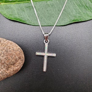 EMV #14 Dainty White Opal Inlay Cross Necklace Pendant With Silver Chain Necklace | Sterling Silver Opal Cross Pendant | Inlay Cross Jewelry
