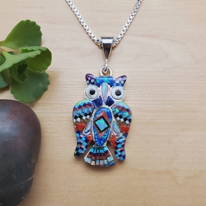 TT #104 Inlay Opal Multicolor Owl Necklace Pendant With Silver Chain 16 or 18 in | Sterling Silver Inlay Owl Pendant | Micro Inlay Bird