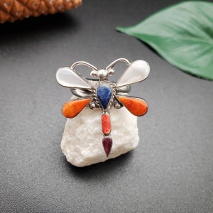 UH#99 Multicolor Inlay Dragonfly Ring Size 6 7 8 | Dragonfly Inlay Ring | Sterling Silver Inlay Ring | Lovely Color Stones Inlay Ring