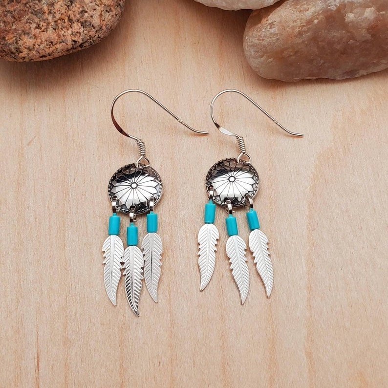 Sterling Silver Concho Earrings With Feathers | Small Silver Earrings | Southwestern Jewelry | Turquoise Southwest Earring | Gift For Her image 2
