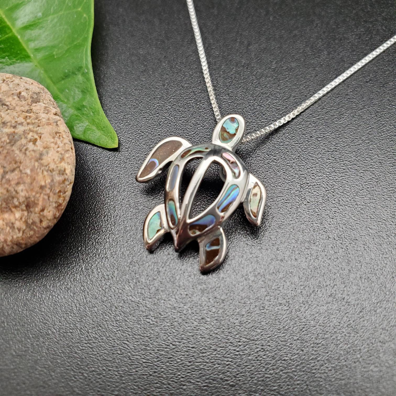 Sea Turtle Inlay EMV #22 Dainty Abalone Inlay Sea Turtle Necklace Pendant With Silver ...