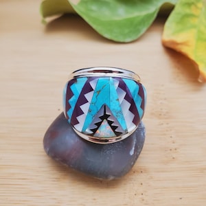 925ForHer Unisex Inlay Ring #308 | Southwest Ring For Men | Sterling Silver Inlay Multicolor Ring | Colorful Pattern Inlay Ring | Gifts Idea