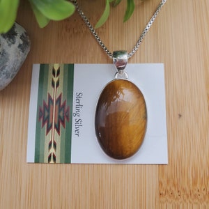 SVP#03 | Grote eenvoudige tijger oog ketting hanger met zilveren ketting | Sterling Zilveren Tigereye Hanger Ketting | Zilverbruine Tigereye Sieraden