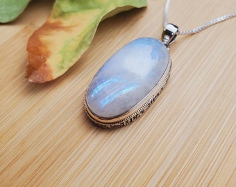 Beautiful #15 Rainbow Moonstone Necklace Pendant With Silver Chain Necklace | Healing Moonstone Pendant | Sterling Silver Moonstone Necklace
