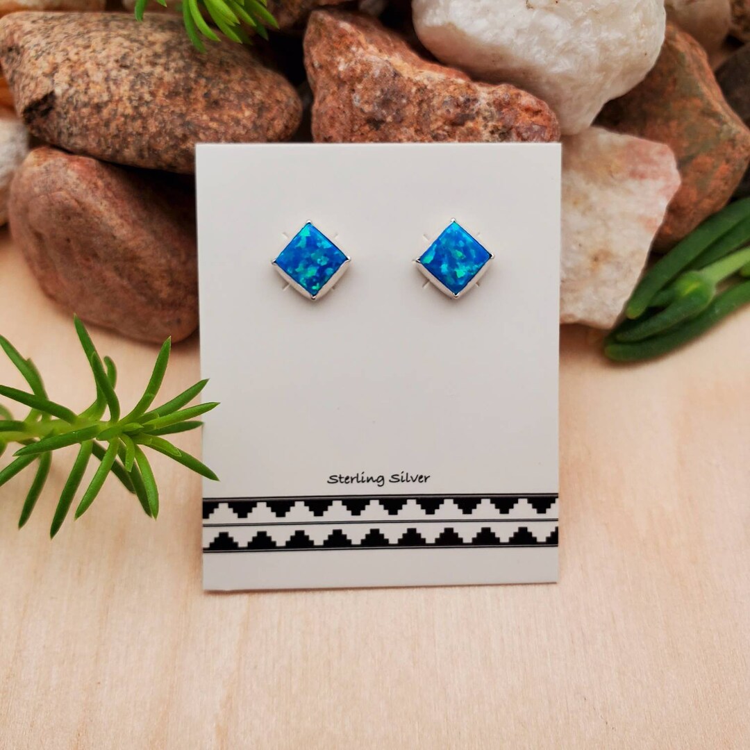 925forher 6mm Square Deep Ocean Blue Opal Studs Sterling Silver Dark ...