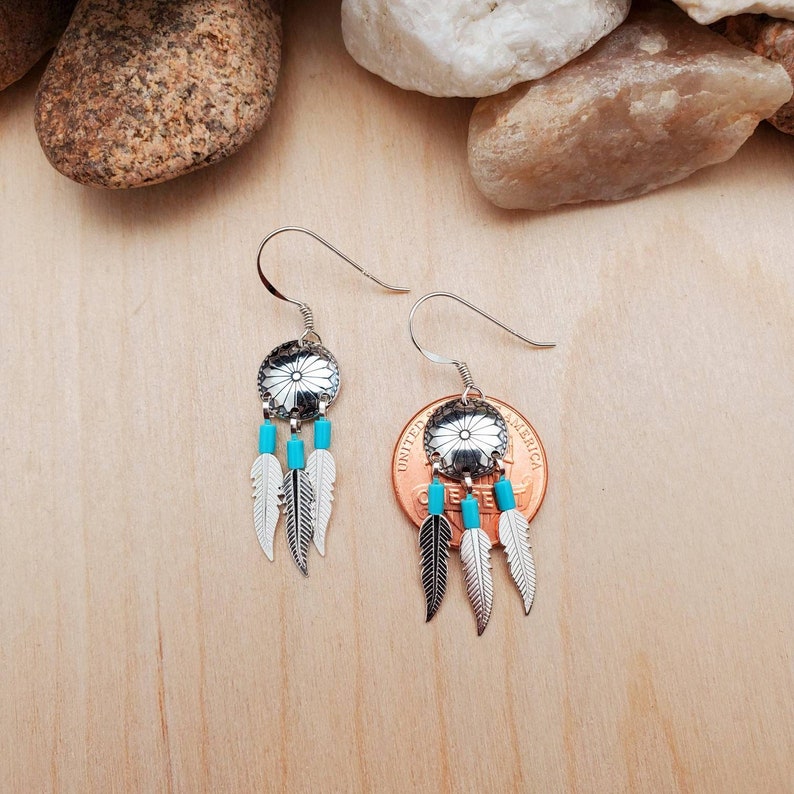 Sterling Silver Concho Earrings With Feathers | Small Silver Earrings | Southwestern Jewelry | Turquoise Southwest Earring | Gift For Her image 4