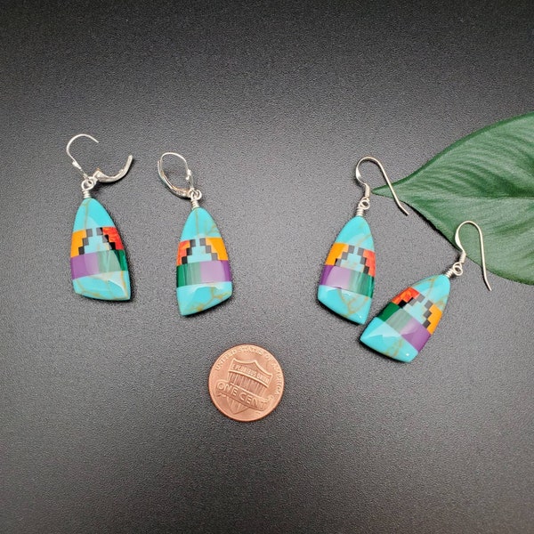 925ForHer Big Multicolor Earrings | Inlay Southwest Earrings | Sterling Silver Southwestern Inlay Dangle Earrings | Large Colorful Inlay