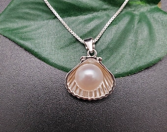 EMV #38 Mother Of Pearl Shell Necklace Pendant With Silver Chain | Hawaiian White Mother Of Pearl Pendant | Sterling Silver Shell Necklace