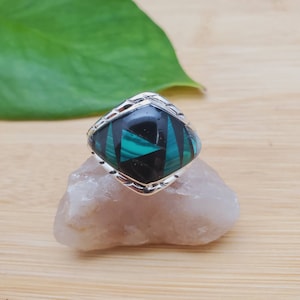 Inlay Ring #427 | Lovely Southwest Ring Size 9 1/2 US | Sterling Silver Inlay Ring | Big Green Black Stone Pattern Inlay Ring Gift For Her