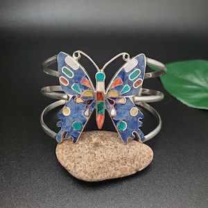 UH#84 Bündchen | Multicolor Inlay Schmetterling Armband Manschette | Sterling Silber Blau Sodalith Schmetterling Armband | Schmetterlingsarmband für Sie