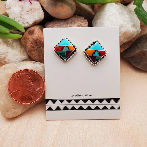 925ForHer 8mm Square Inlay Post Earrings | Inlay Stud Earrings | Multicolor Earrings | Sterling Silver Stud Earrings | Southwestern Jewelry