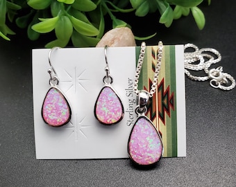 SBH #296 | Pink Opal Halsketten-Anhänger und Ohrringe Passende Ohrringe Set | Sterling Silber Pink Opal Schmuck | Pink Opal Schmuck Set | Rosa Opal Set