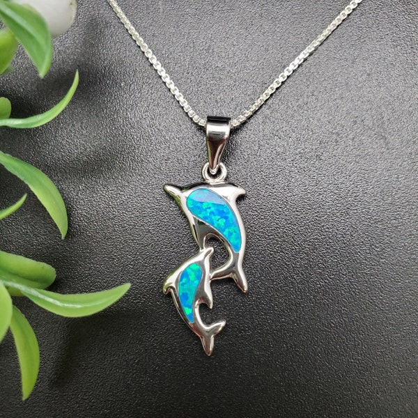 EMV #126 Dainty Blue Opal Inlay Dolphins Necklace Pendant With Silver Chain Necklace | Sterling Silver 2 dolphins Pendant | Sea Life Jewelry