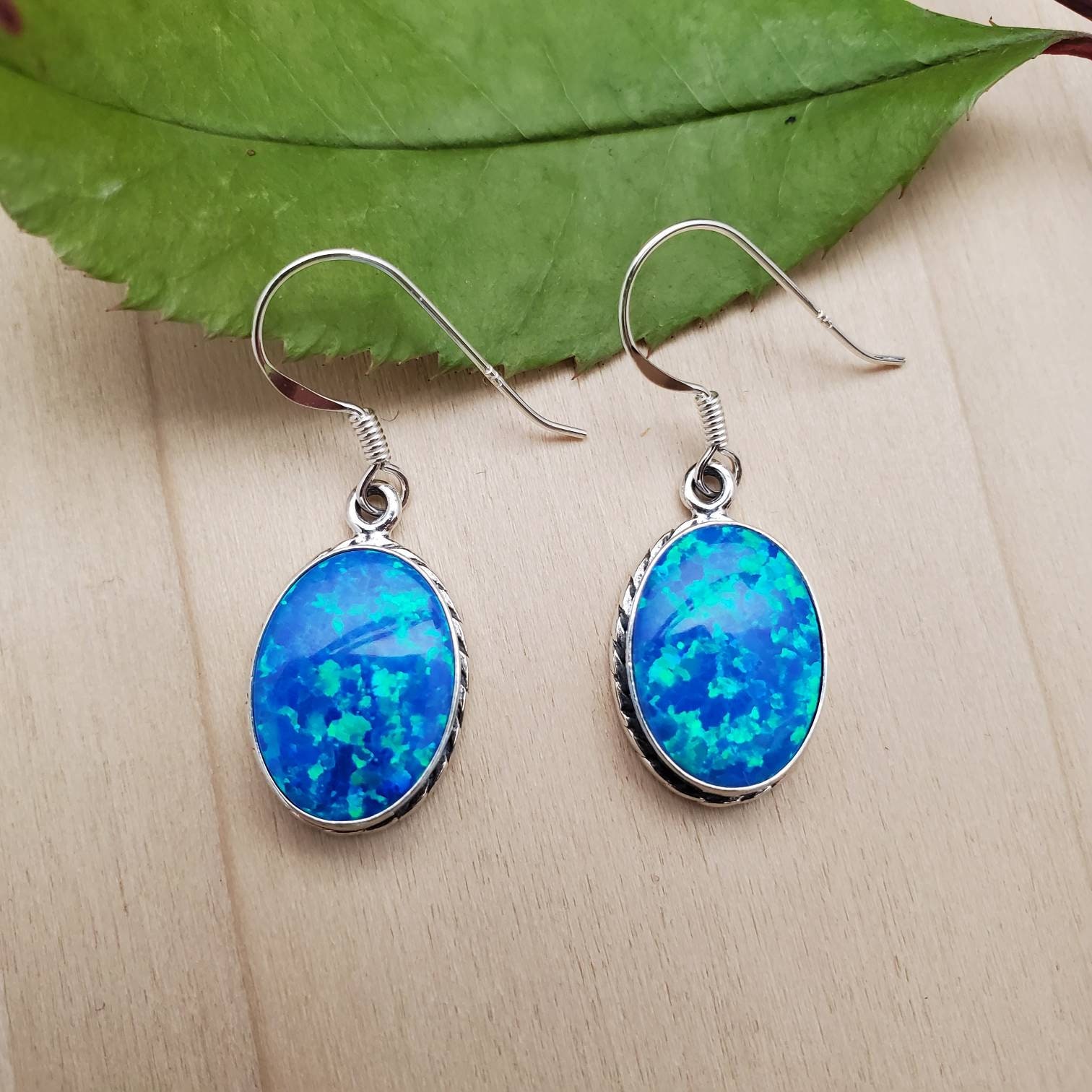 925forher Deep Ocean Blue Opal Earrings | 14x10mm Oval Opal