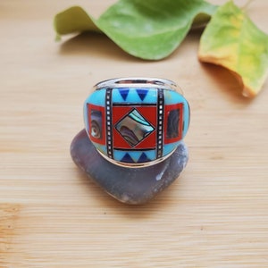 925ForHer Unisex Inlay Ring #309 | Southwest Pueblo Ring | Men Ring | Sterling Silver Inlay Multicolor Ring | Colorful Pattern Inlay Ring