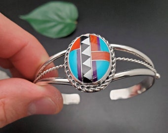 Lovely Multicolor Bracelet Cuff | Inlay Multicolor Southwest Cuff Bracelet | Sterling Silver Inlay Bracelet | Inlay Southwestern Bracelet