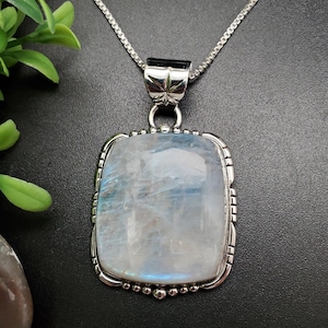 PLNT#196 | Unique Rainbow Moonstone Necklace Pendant With Silver Chain Necklace | big 12mm Bail | Sterling Silver Rainbow Moonstone Pendant