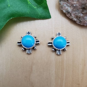 Blue Turquoise Zia Earrings | Turquoise Zia Posts | Sterling Silver Sleeping Beauty Turquoise Earrings | New Mexico Zia Earrings Made in USA