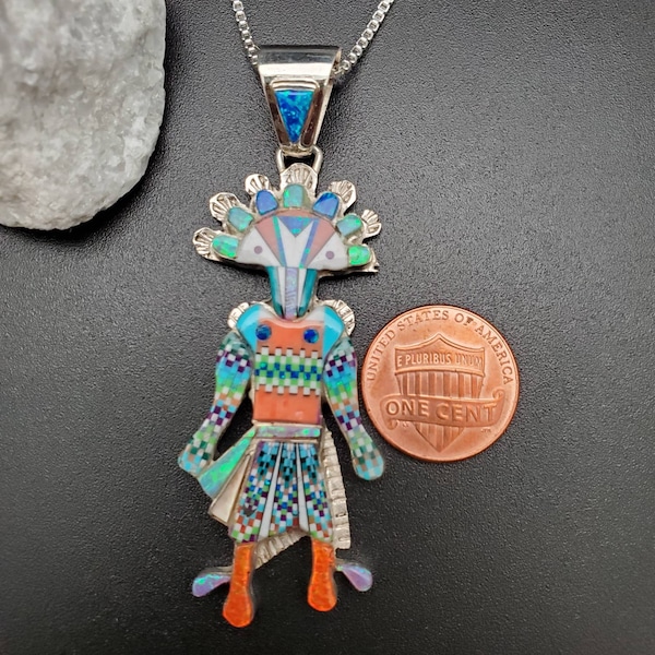TT #149 Inlay Multicolor Kachina Necklace Pendant With Silver Chain 1.5mm | Sterling Silver Kachina Doll Necklace | Native American Dolls