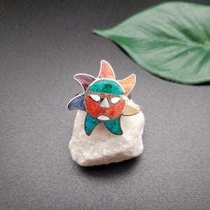 UH#101 Multicolor Inlay Sunface Ring Size 6 7 8 | Big Sun Face Inlay Ring | Sterling Silver Inlay Ring | Multicolor Inlay Sunface Jewelry