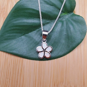 EMV #24 White Opal Flower Necklace Pendant With Silver Chain 16 in | Small Opal Inlaid Flower Necklace Sterling Silver Flower Opal Necklace