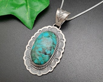 Big Turquoise #20| Kingman Turquoise Necklace Pendant With Silver Chain Necklace | Sterling Silver Turquoise Southwest Pendant Made in USA