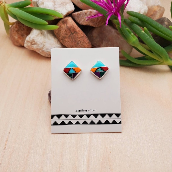 Sterling Silver Ear Studs with Inlaid Stone Sterling Silver Ear Studs with Inlaid Stone