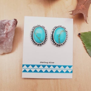 925ForHer Large Kingman Turquoise Studs | Sterling Silver Concho Stud Earrings | Big Turquoise Earring Posts | Southwest Turquoise Earrings