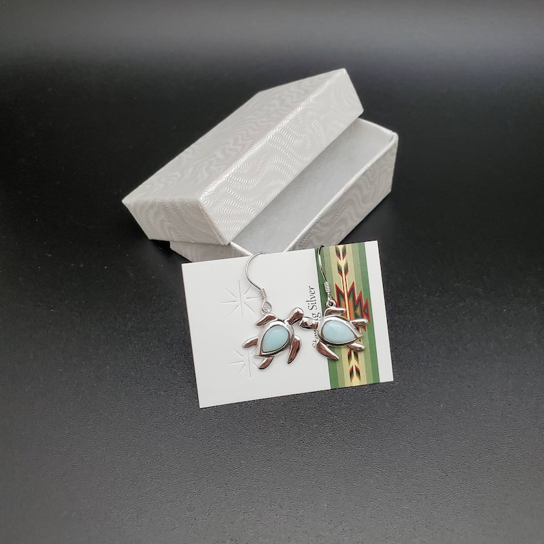 Sea Turtle Inlay EMV #72 Dainty Larimar Inlay Sea Turtle Dangle Earrings | Sterling ...