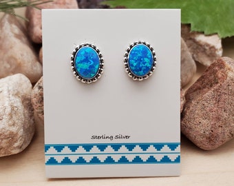 925ForHer Deep Ocean Blue Opal Studs | Sterling Silver Dark Blue Opal Stud Earrings | Fire Blue Opal Jewelry | Opal Post Earring Made in USA